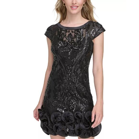 NEW Guess Black Sequin Cocktail Dress Size 4 Rosette Ruffle Mini Formal Hoco NWT - Picture 1 of 14